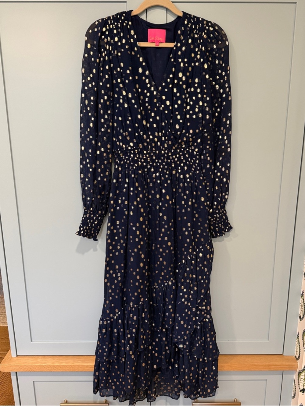 Lilly Pulitzer Navy Dress with Gold Dot Print - Long Sleeve Maxi